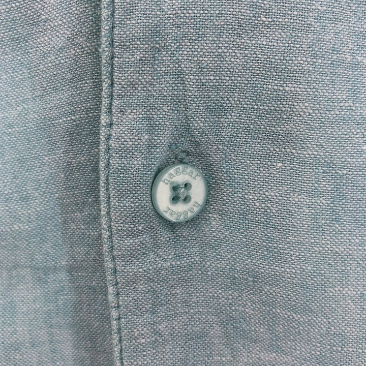 90s-00'S Haggar Washable Linen Two-Tone Short Sleeve Open Collar Rayon and Linen Box Shirt, Men's Size XL linen turquoise blue Vintage Second Hand