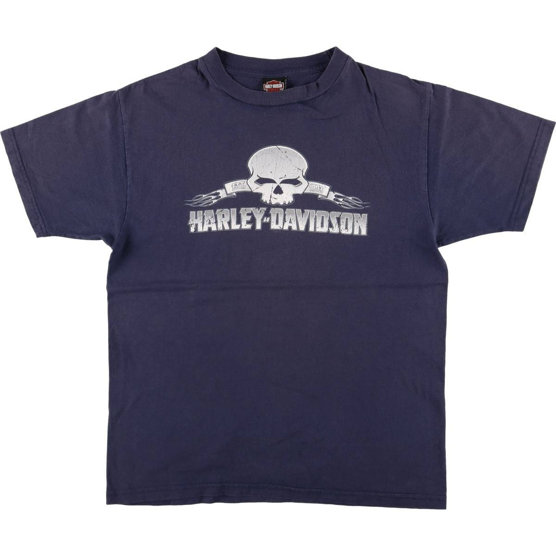 00'S Harley-Davidson Skull Pattern Motorcycle Bike T-shirt Made in USA Men's L size cotton navy blue type Vintage Second Hand