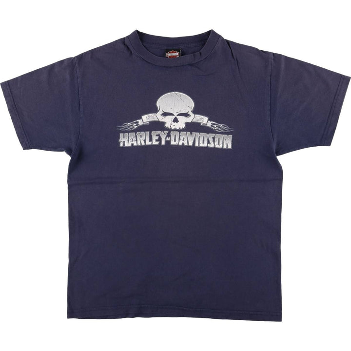 00'S Harley-Davidson Skull Pattern Motorcycle Bike T-shirt Made in USA Men's L size cotton navy blue type Vintage Second Hand