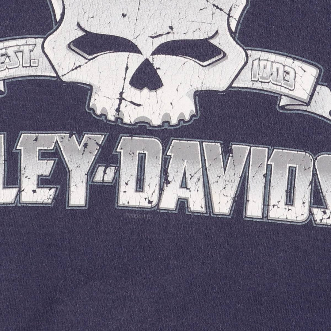 00'S Harley-Davidson Skull Pattern Motorcycle Bike T-shirt Made in USA Men's L size cotton navy blue type Vintage Second Hand