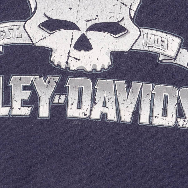 00'S Harley-Davidson Skull Pattern Motorcycle Bike T-shirt Made in USA Men's L size cotton navy blue type Vintage Second Hand