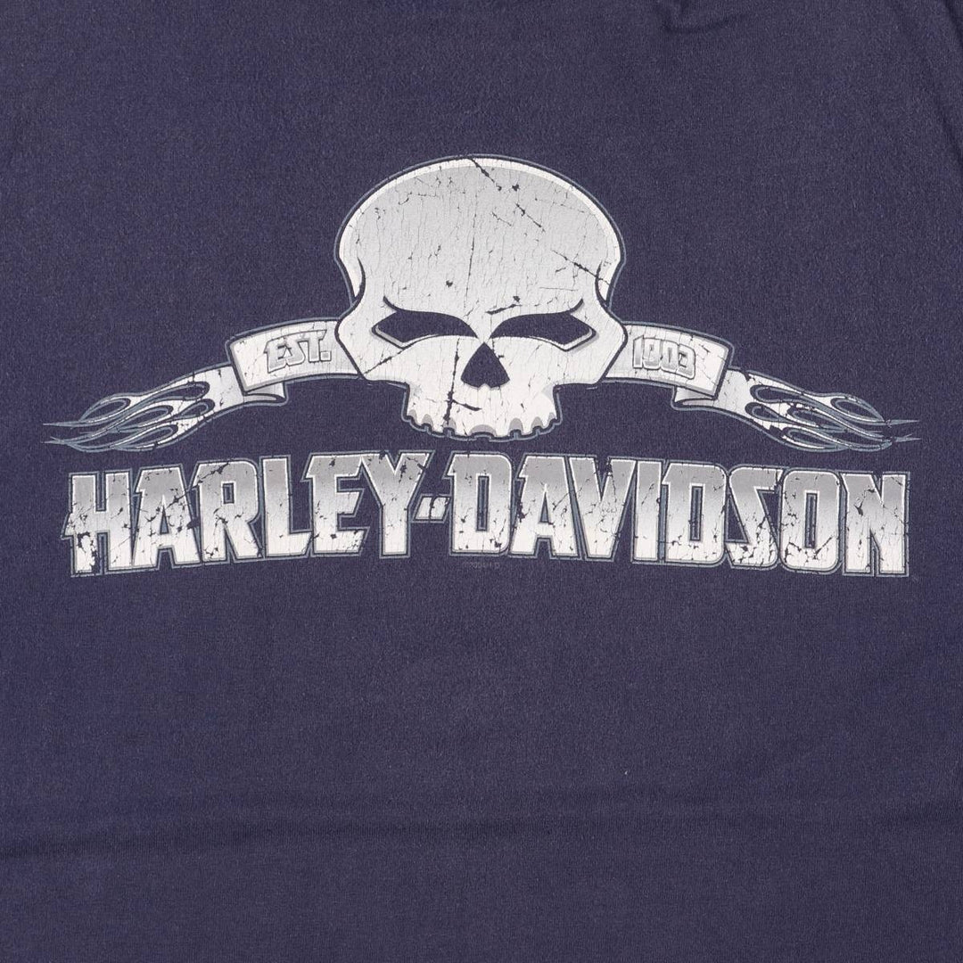 00'S Harley-Davidson Skull Pattern Motorcycle Bike T-shirt Made in USA Men's L size cotton navy blue type Vintage Second Hand