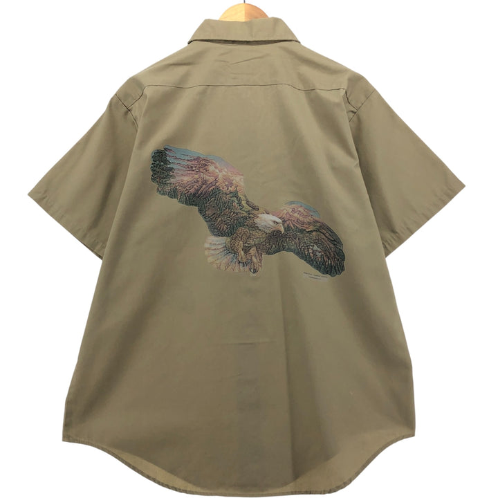 90'S Key Eagle Pattern Short Sleeve Work Shirt, Made in USA, Men's Size L, Vintage polyester Beige type Vintage Second Hand