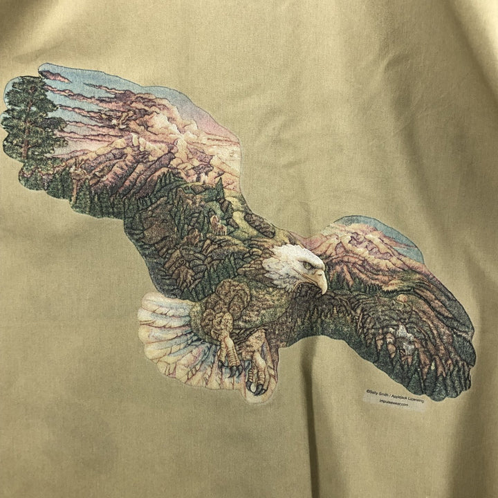 90'S Key Eagle Pattern Short Sleeve Work Shirt, Made in USA, Men's Size L, Vintage polyester Beige type Vintage Second Hand