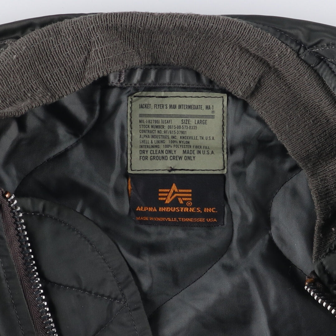 90'S civilian Alpha MA-1 style padded military flight jacket, made in the USA, men's size L, vintage Nylon Khaki type Vintage Second Hand