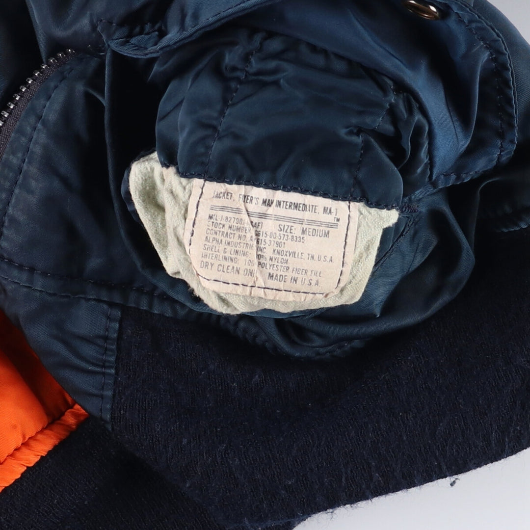 Alpha MA-1 style padded military flight jacket, made in the USA, men's size M. Nylon navy blue type Vintage Second Hand