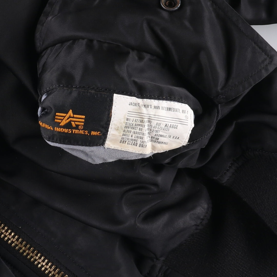 90'S civilian Alpha MA-1 style padded military flight jacket, XLARGE, men's XL, vintage Nylon black type Vintage Second Hand