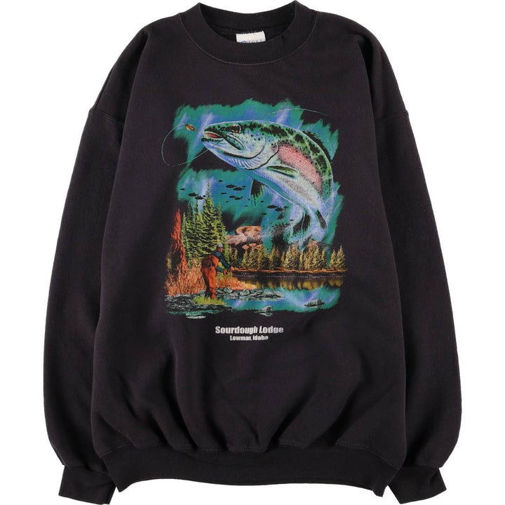 00'S PORT and COMPANY fish print animal sweatshirt, men's size L cotton black type Vintage Second Hand