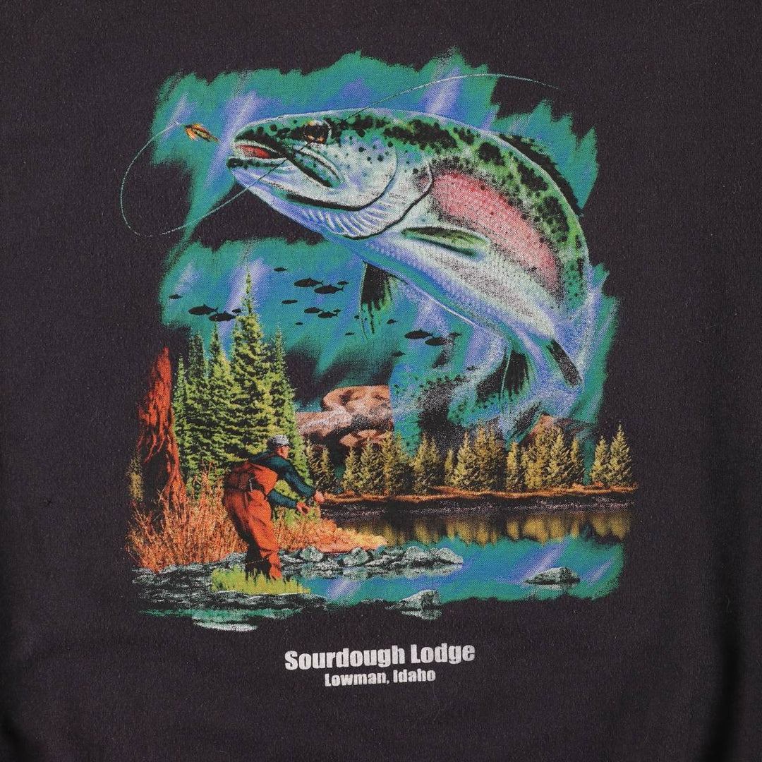 00'S PORT and COMPANY fish print animal sweatshirt, men's size L cotton black type Vintage Second Hand