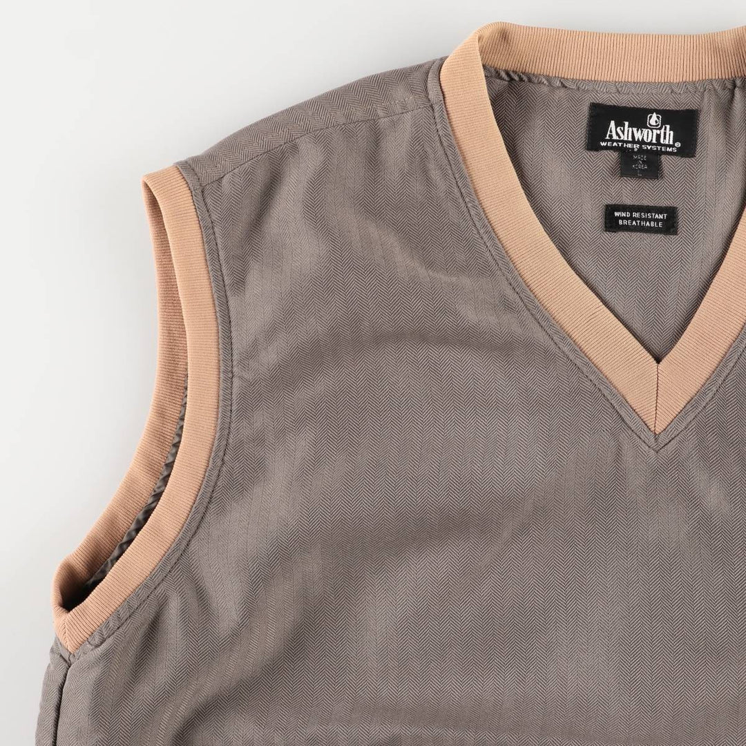 Ashworth Herringbone V-Neck Warm-Up Vest, Men's Size L Rayon Khaki type Vintage Second Hand