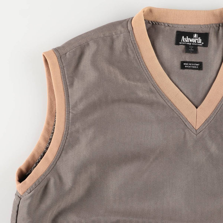 Ashworth Herringbone V-Neck Warm-Up Vest, Men's Size L Rayon Khaki type Vintage Second Hand
