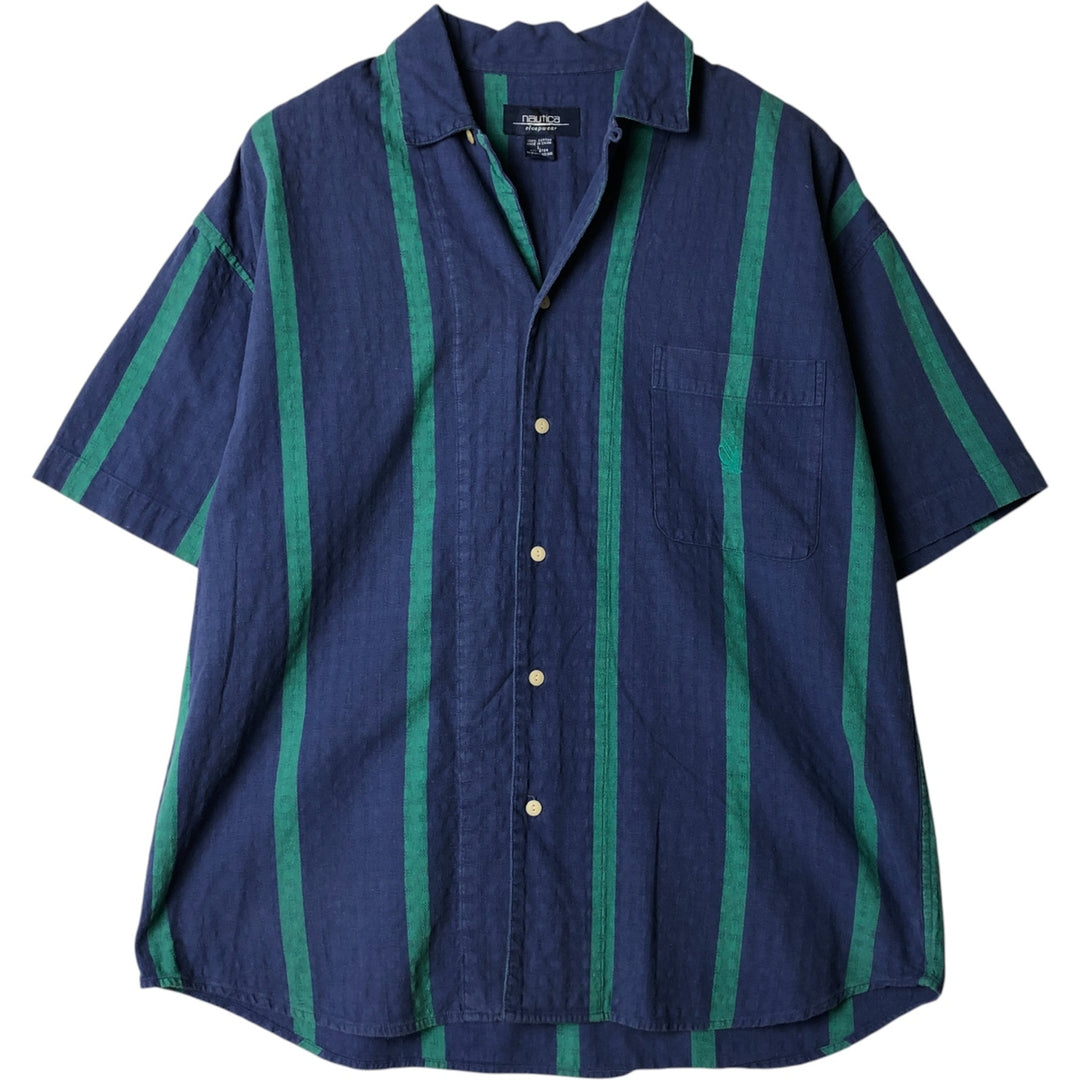 Vintage 90'S Nautica Sleepwear Striped Short Sleeve Open Collar Cotton Shirt, Men's Size L cotton blue type Vintage Second Hand