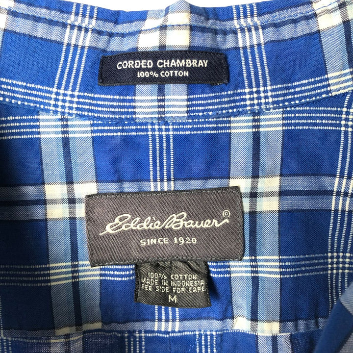 Eddie Bauer Corded Chambray Short Sleeve Cotton Check Shirt, Men's Size Medium cotton blue type Vintage Second Hand