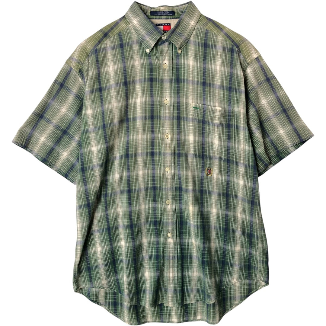 Vintage 1990'S Tommy Hilfiger short-sleeved button-down checked shirt, made in Spain, size L, men's cotton green type Vintage Second Hand