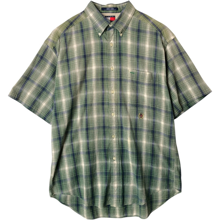Vintage 1990'S Tommy Hilfiger short-sleeved button-down checked shirt, made in Spain, size L, men's cotton green type Vintage Second Hand