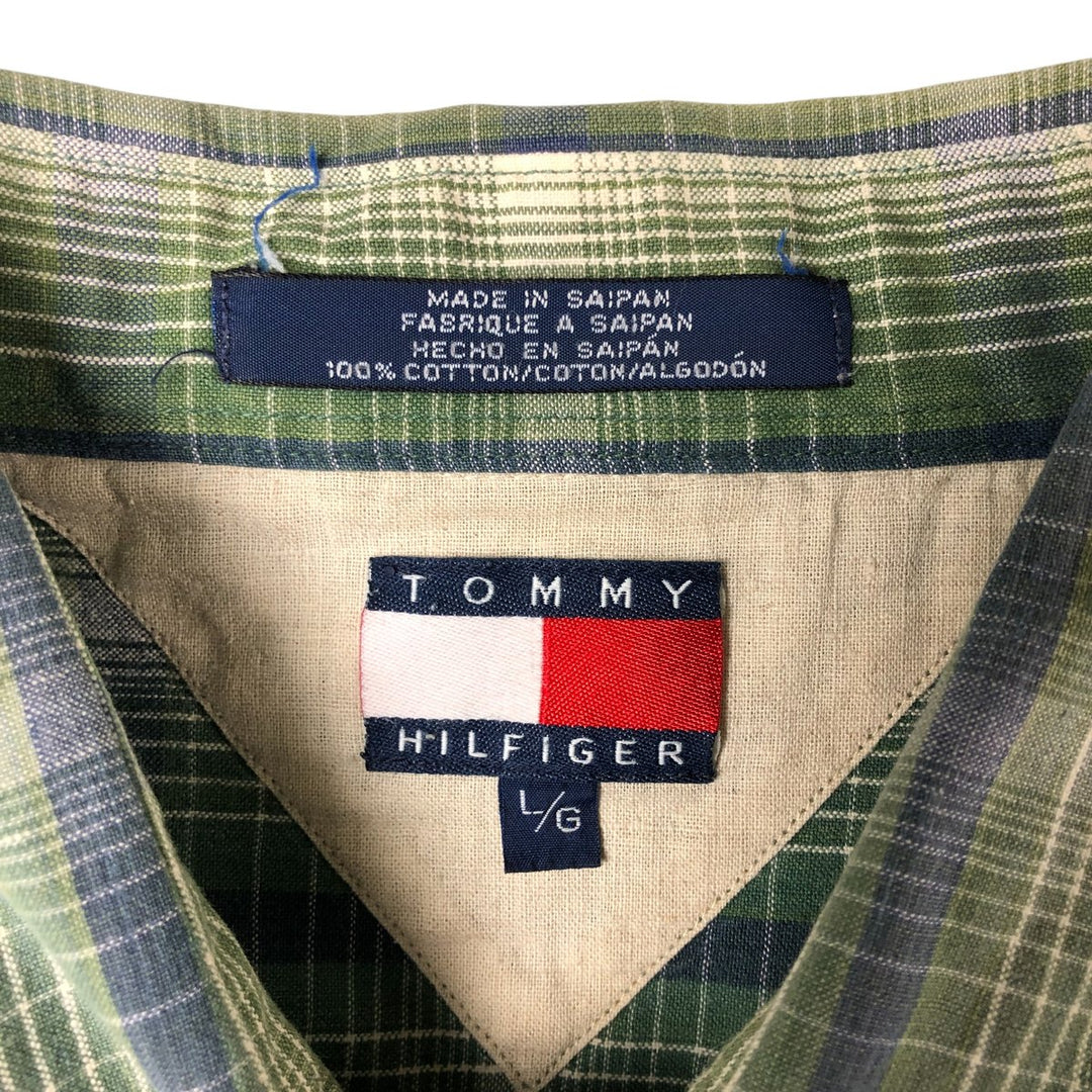 Vintage 1990'S Tommy Hilfiger short-sleeved button-down checked shirt, made in Spain, size L, men's cotton green type Vintage Second Hand