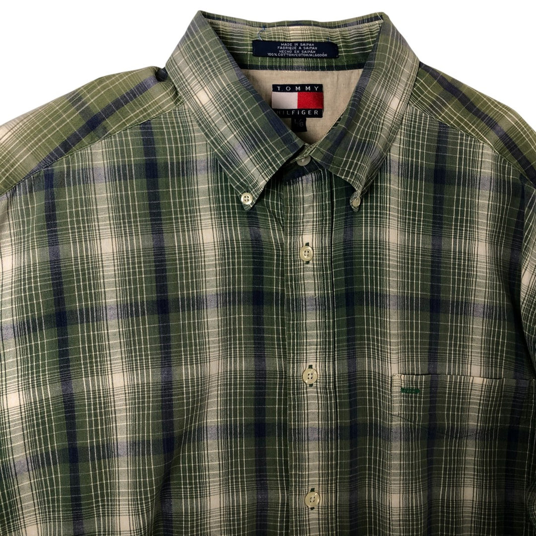 Vintage 1990'S Tommy Hilfiger short-sleeved button-down checked shirt, made in Spain, size L, men's cotton green type Vintage Second Hand