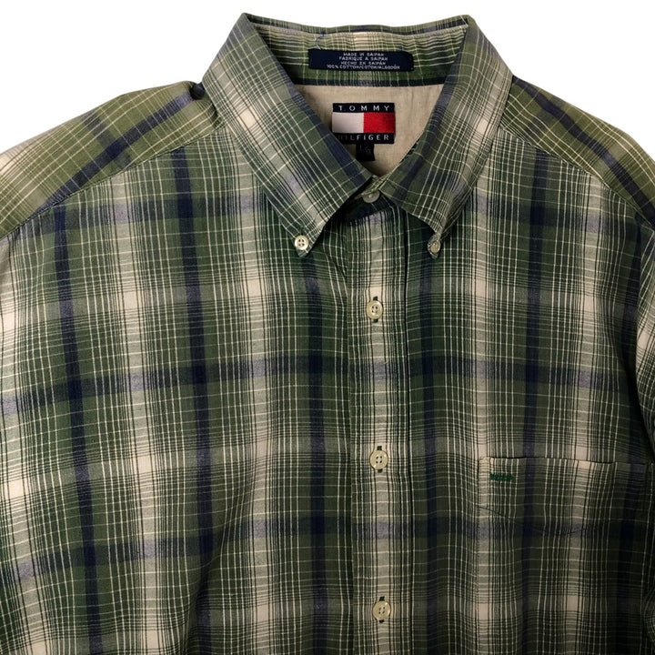 Vintage 1990'S Tommy Hilfiger short-sleeved button-down checked shirt, made in Spain, size L, men's cotton green type Vintage Second Hand