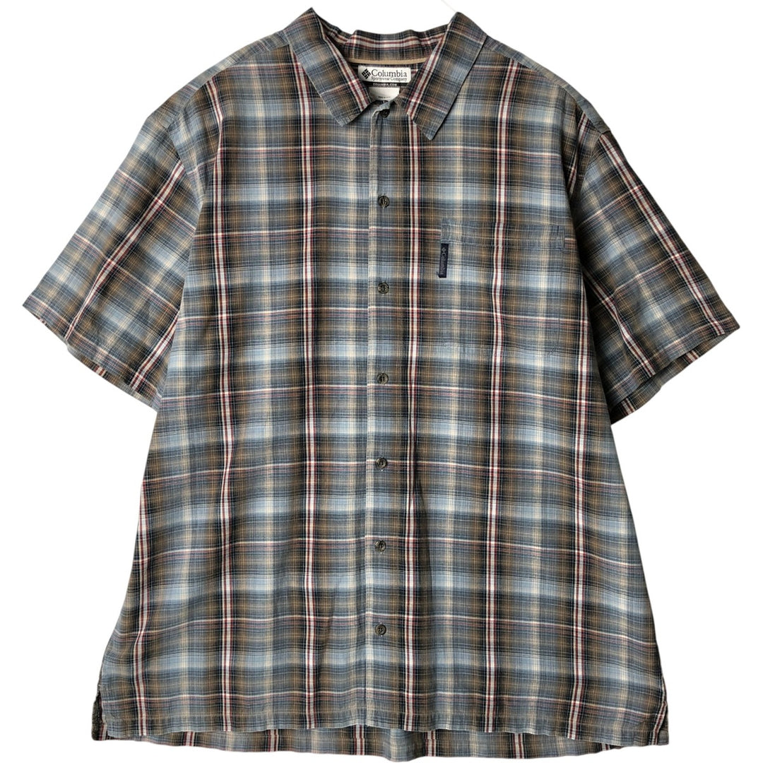 Columbia Ombre Check Short Sleeve Check Shirt, Box Shirt, Men's XL cotton navy blue type Vintage Second Hand