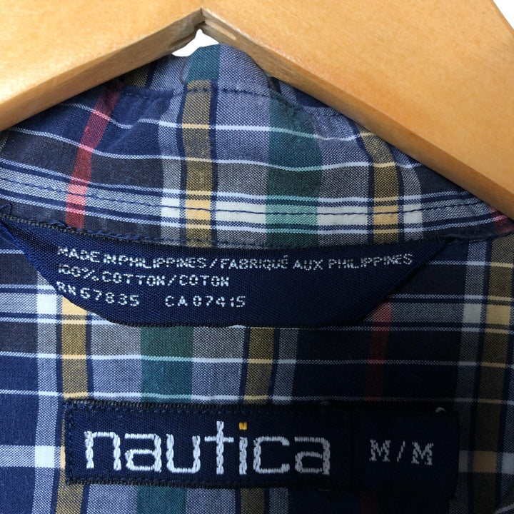90'S NAUTICA short sleeve button down check shirt, men's size M, vintage cotton navy blue type Vintage Second Hand