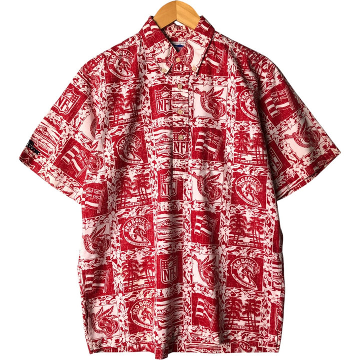 Reyn Spooner NFL Half-Button All-Over Print Button-Down Hawaiian Aloha Shirt, Box Shirt, Men's Size Medium cotton red type Vintage Second Hand