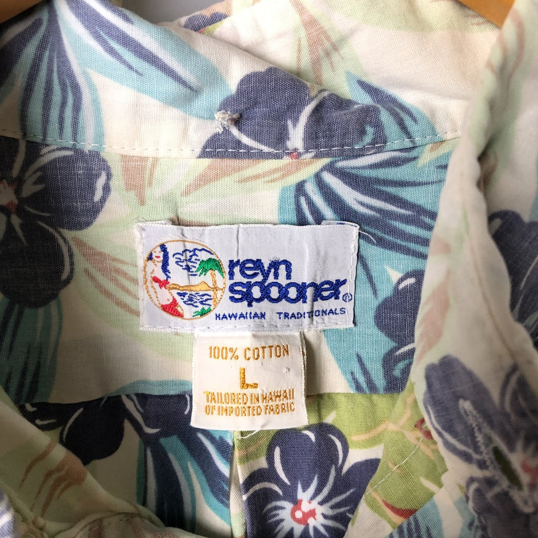 90'S Reyn Spooner Swimsuit Tag All-Over Print Pullover Button-Down Hawaiian Aloha Shirt Box Shirt Men's L Size cotton pale white type Vintage Second Hand