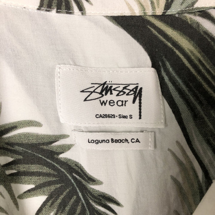 STUSSY All-Over Leaf Pattern Open Collar Rayon Hawaiian Aloha Shirt, Men's Size Small Rayon white type Vintage Second Hand