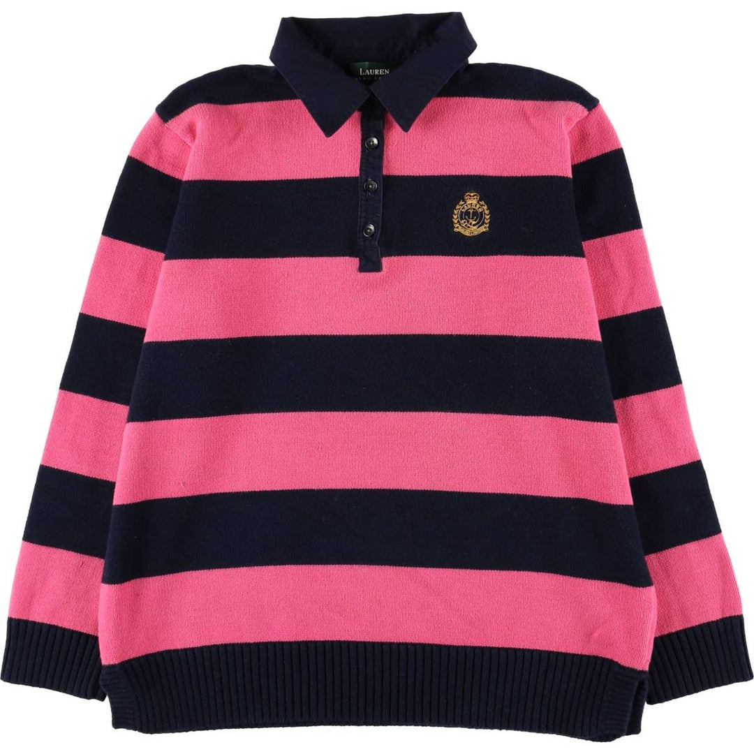 Ralph Lauren LAUREN Lauren Striped Pattern Polo Knit Sweater, Women's Size L cotton pink type Vintage Second Hand
