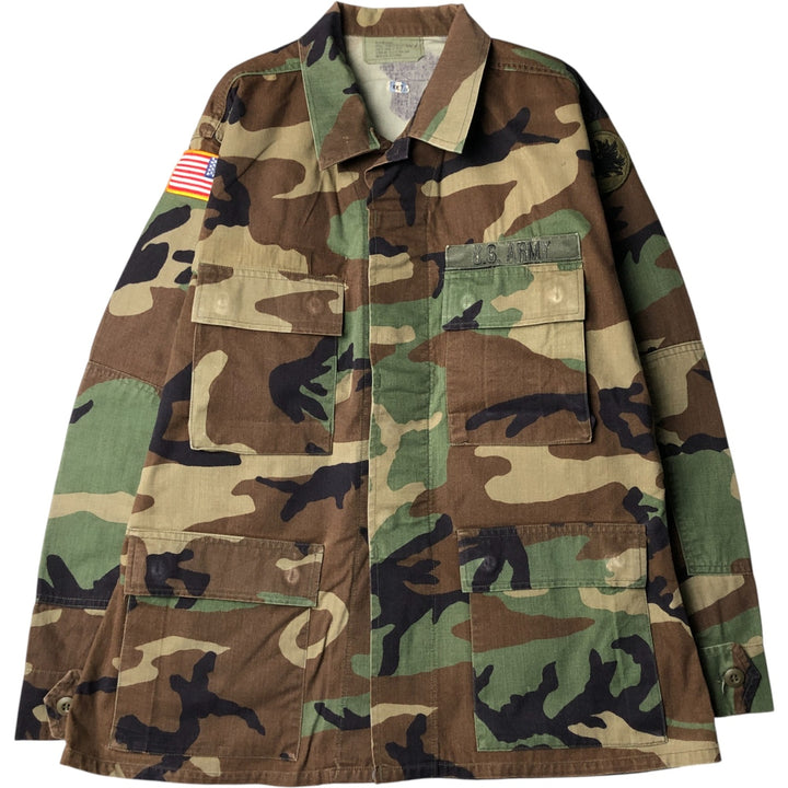1990'S US Military Camouflage Woodland Camo Stars and Stripes BDU Military Jacket, Made in USA, Medium-Short, Men's Size M cotton Khaki type Vintage Second Hand