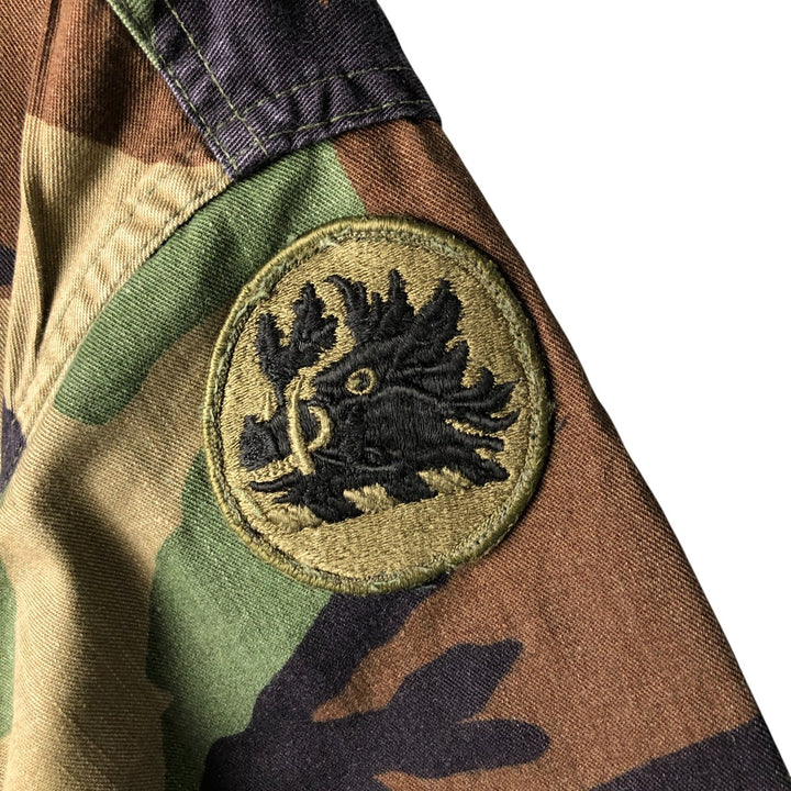 1990'S US Military Camouflage Woodland Camo Stars and Stripes BDU Military Jacket, Made in USA, Medium-Short, Men's Size M cotton Khaki type Vintage Second Hand