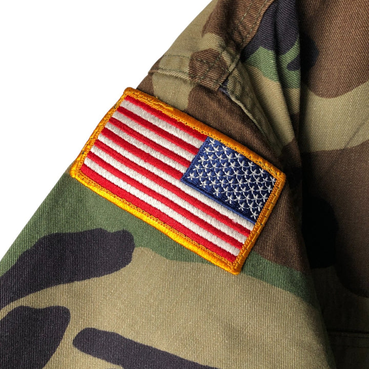 1990'S US Military Camouflage Woodland Camo Stars and Stripes BDU Military Jacket, Made in USA, Medium-Short, Men's Size M cotton Khaki type Vintage Second Hand