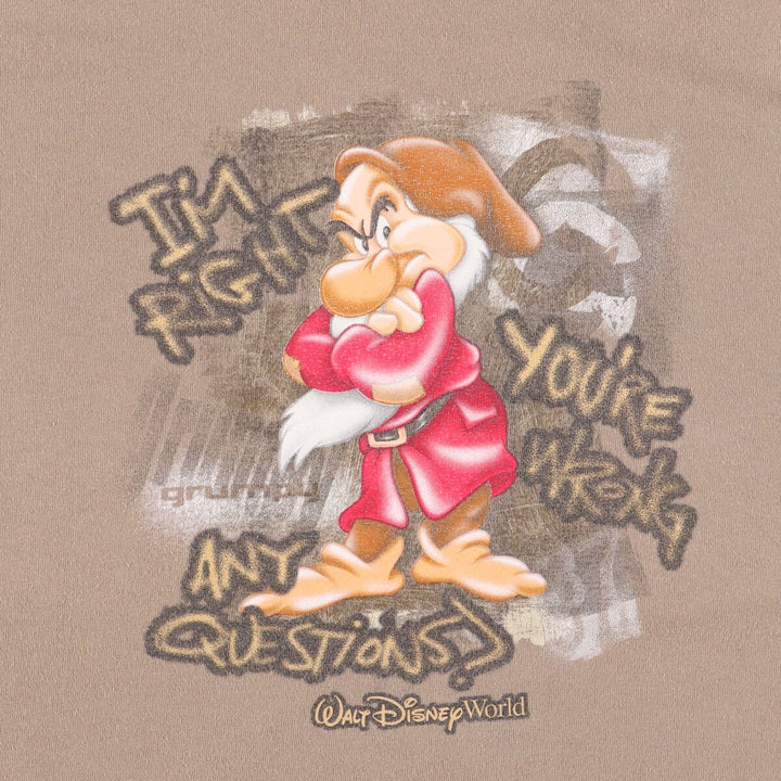 2000'S Disney Walt Disney World Snow White and the Seven Dwarfs Grumpy Character Print T-Shirt, Men's Size L unclear beige type brown Vintage Second Hand