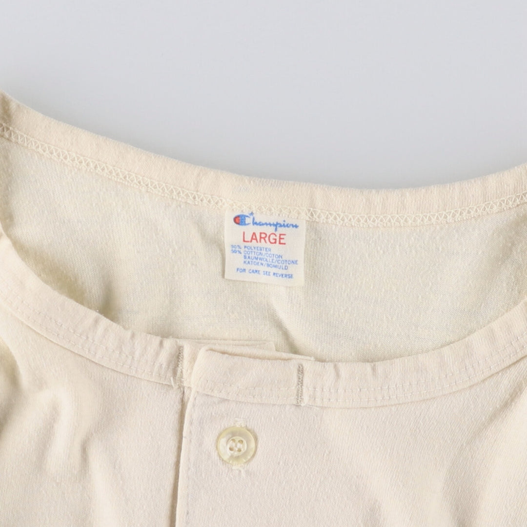 Vintage 1980'S Champion 3/4 Sleeve Tricot Tag Henley Logo Print T-Shirt, Made in USA, Men's Size L polyester Beige type Vintage Second Hand