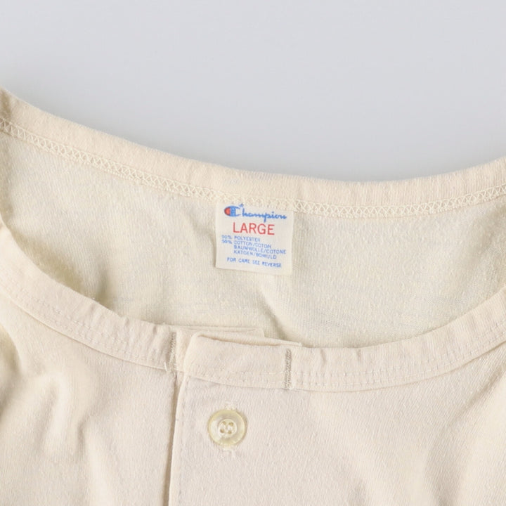 Vintage 1980'S Champion 3/4 Sleeve Tricot Tag Henley Logo Print T-Shirt, Made in USA, Men's Size L polyester Beige type Vintage Second Hand