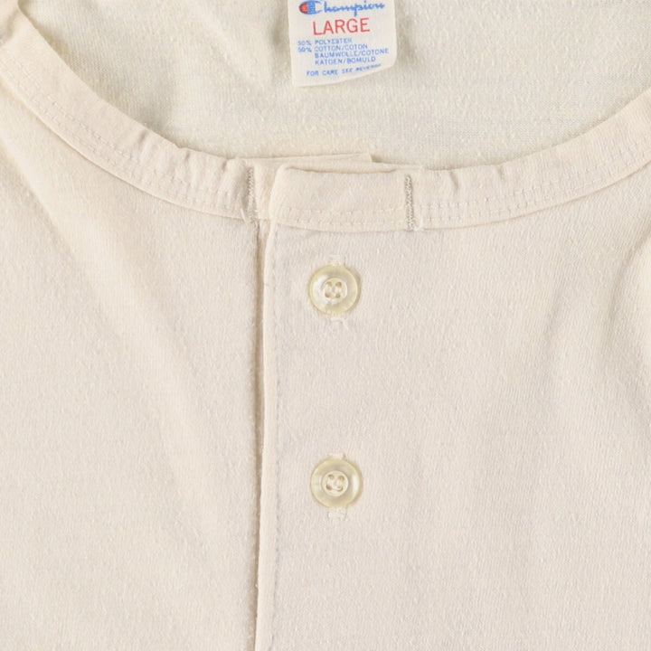Vintage 1980'S Champion 3/4 Sleeve Tricot Tag Henley Logo Print T-Shirt, Made in USA, Men's Size L polyester Beige type Vintage Second Hand