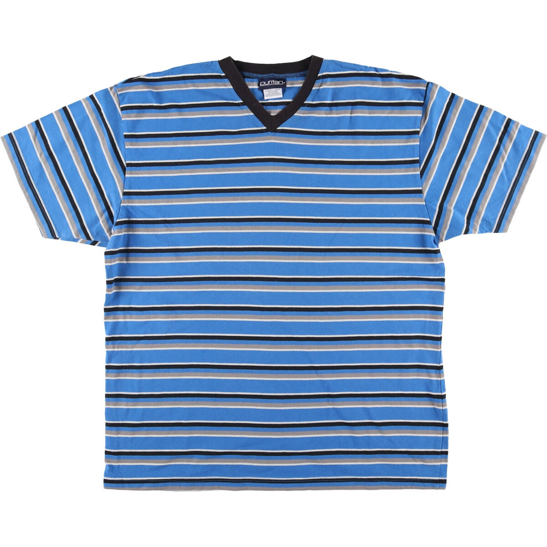 90'S Vintage Puritan V-neck Striped T-shirt, Men's XL cotton Blue type light blue Vintage Second Hand