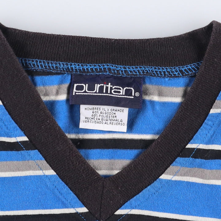 90'S Vintage Puritan V-neck Striped T-shirt, Men's XL cotton Blue type light blue Vintage Second Hand