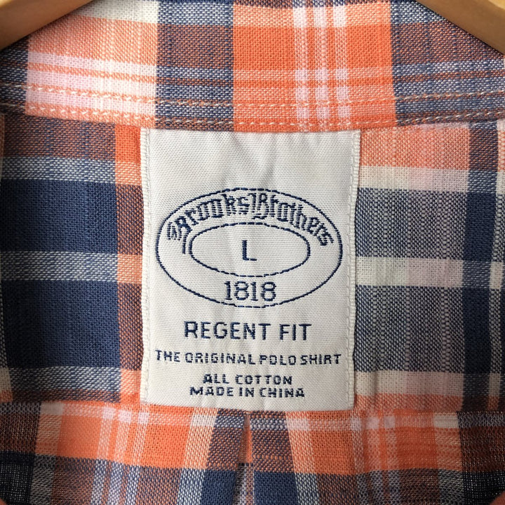 Brooks Brothers 1818 short sleeve button down check shirt, men's size L cotton navy blue type Vintage Second Hand