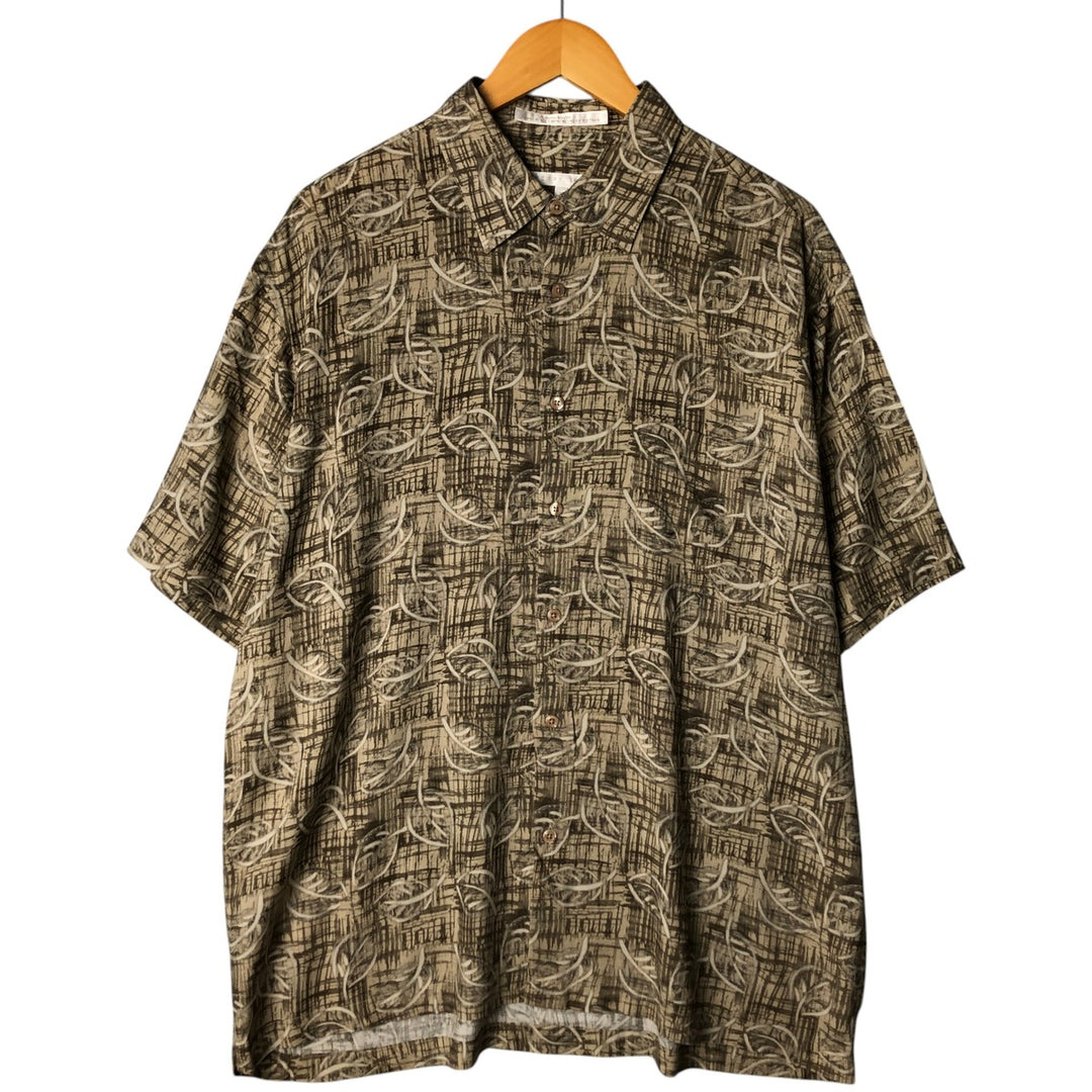 Perry Ellis Leaf Pattern Short Sleeve Rayon Shirt, Men's Size XL Rayon Khaki type beige Vintage Second Hand