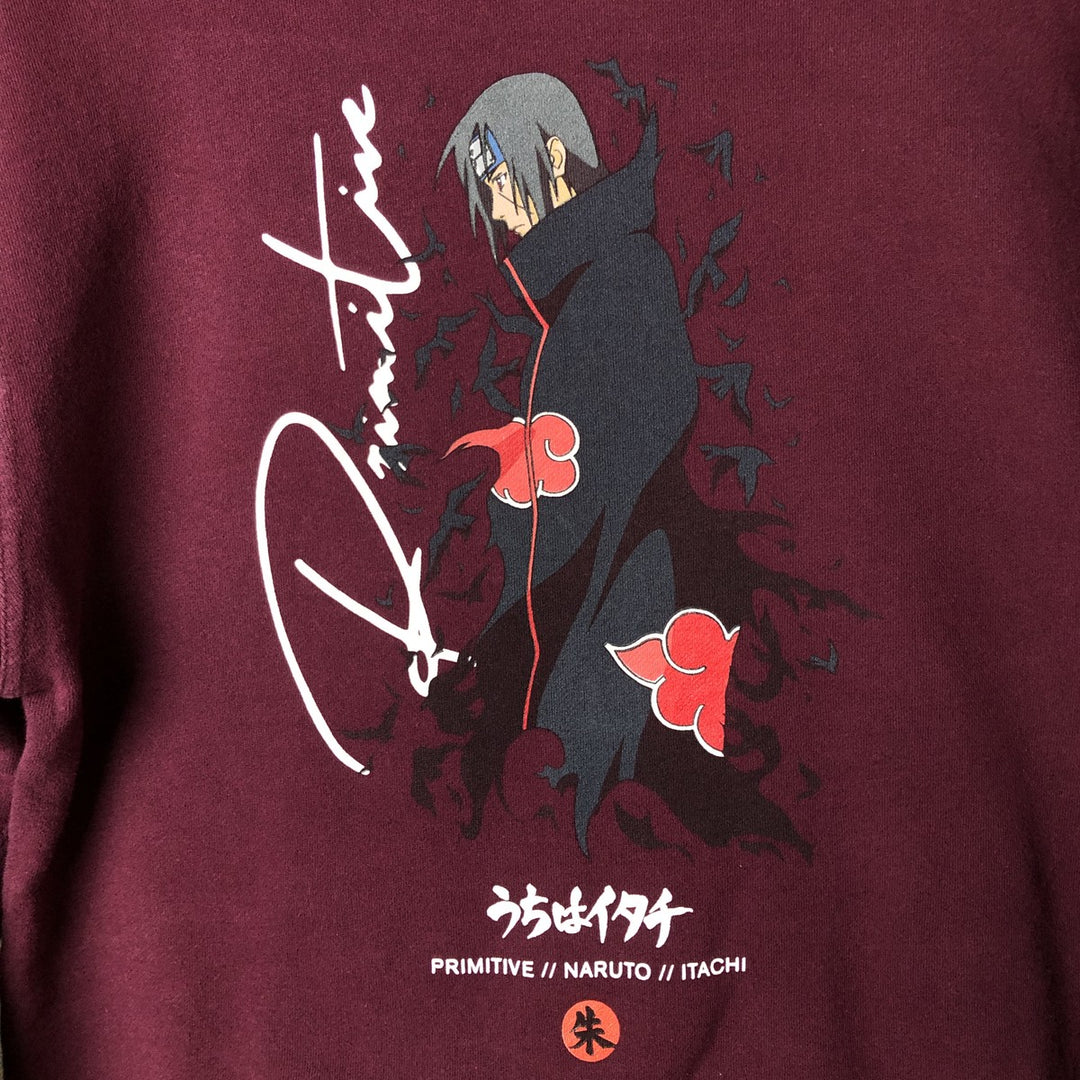 Primitive NARUTO SHIPPUDEN Uchiha Itachi Character Sweatshirt Pullover Hoodie, Men's Size Small cotton wine-red Vintage Second Hand