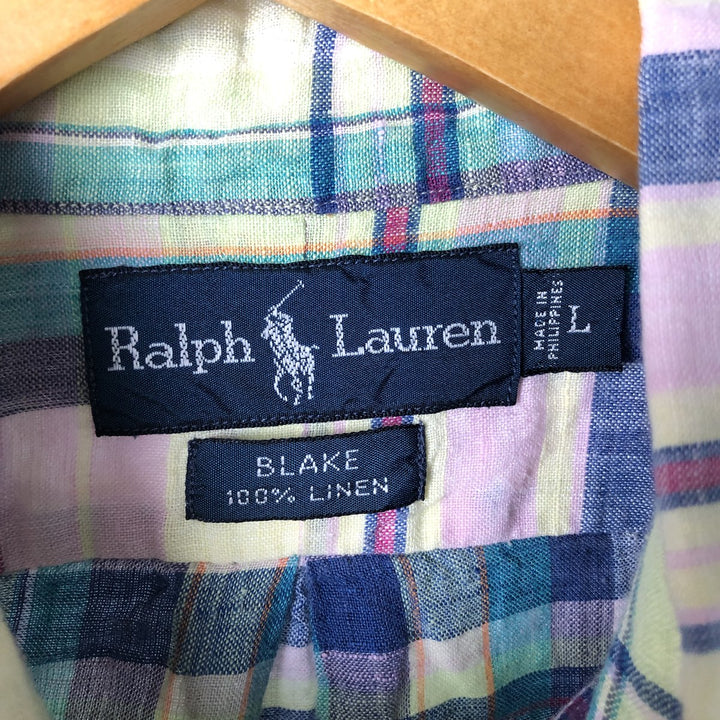 Ralph Lauren BLAKE short sleeve linen button down shirt, men's size L linen yellow type Vintage Second Hand