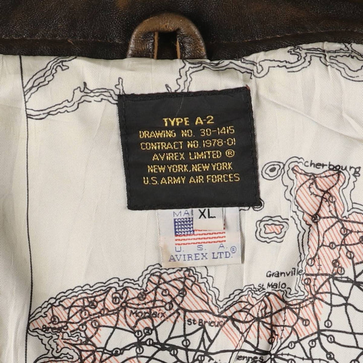 90'S Avirex A-2 Padded Leather Flight Jacket, Made in USA, Men's XL, Vintage genuine leather black type Vintage Second Hand