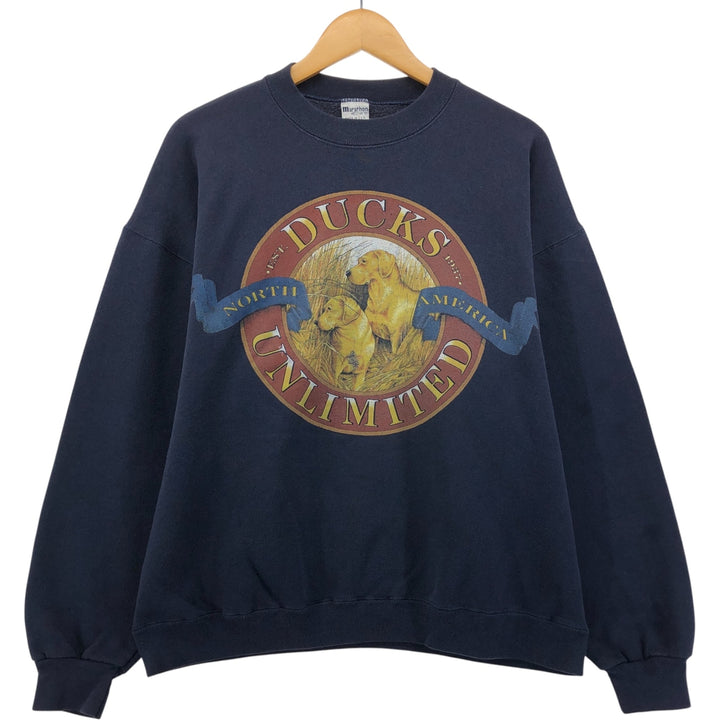 Vintage 90'S Marathon Apparel dog print animal sweatshirt, made in the USA, size L, men's polyester navy blue type Vintage Second Hand