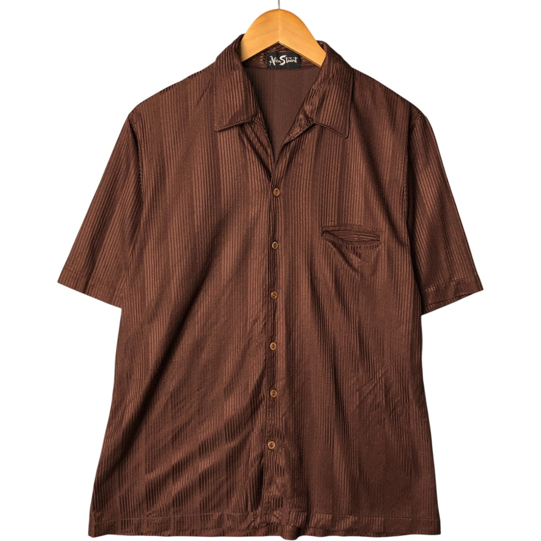 90'S ALAN STUART Italian Collar Stripe Pattern Short Sleeve Polyester Box Shirt, Men's Size L, Vintage polyester brown type Vintage Second Hand