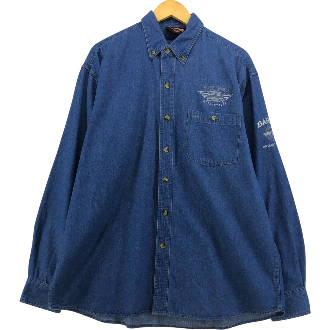 Harley-Davidson long-sleeved button-down denim shirt, men's size L cotton Navy blue Vintage Second Hand