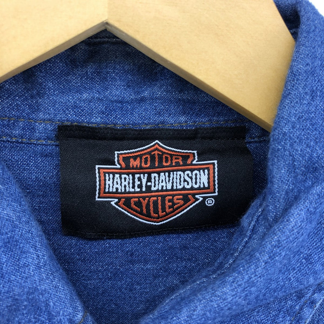 Harley-Davidson long-sleeved button-down denim shirt, men's size L cotton Navy blue Vintage Second Hand