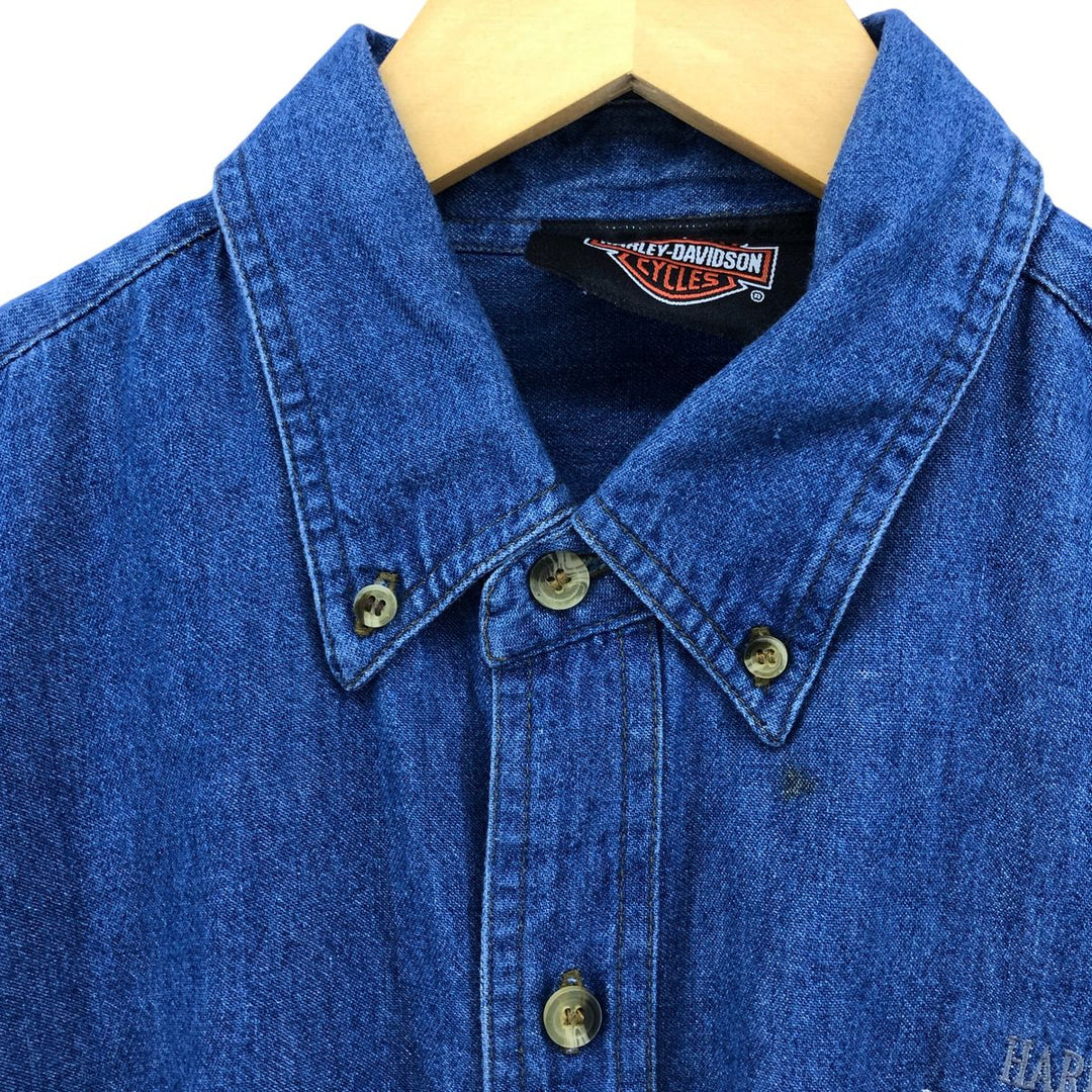 Harley-Davidson long-sleeved button-down denim shirt, men's size L cotton Navy blue Vintage Second Hand
