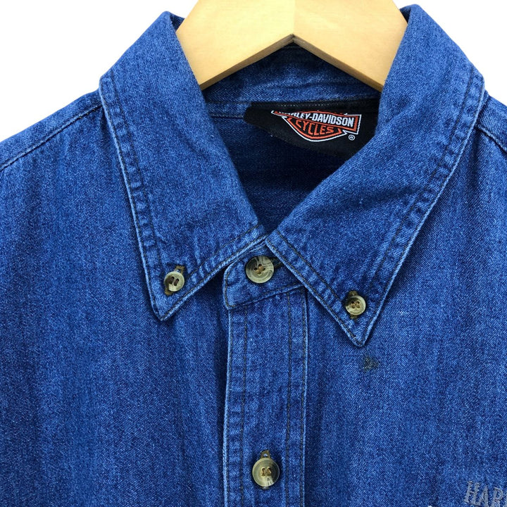 Harley-Davidson long-sleeved button-down denim shirt, men's size L cotton Navy blue Vintage Second Hand