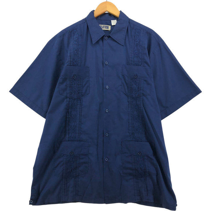 PLATOON Short Sleeve Mexican Shirt, Cuban Shirt, Box Shirt, Men's XL Size cotton navy blue type Vintage Second Hand