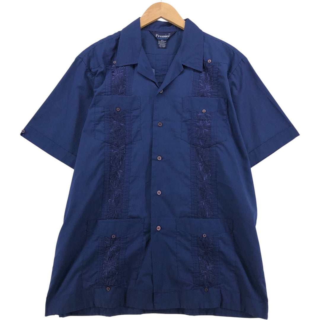 90'S Premier Short Sleeve Open Collar Mexican/Cuban Box Shirt, Men's Size XL polyester navy blue type Vintage Second Hand